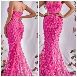 Hot Pink Contrast Mesh, Fitted, , Mermaid Maxi Form…
